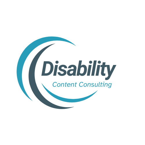 Three blue waves around the words "Disability Content Consulting"